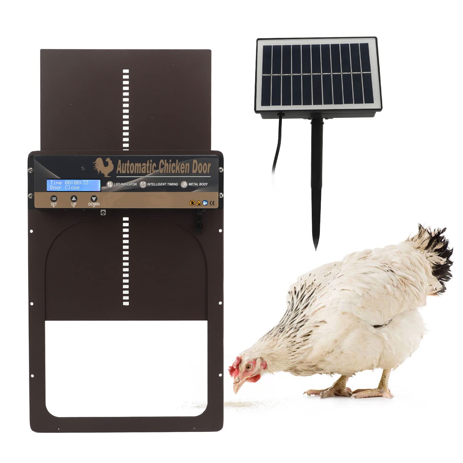 Porta Automatica per pollaio, Apertura ad energia Solare 3 in 1 con Timer, sensore di Luce, 2 Tipi di Alimentazione, Porta sicura per pollai e Anatre, Marrone