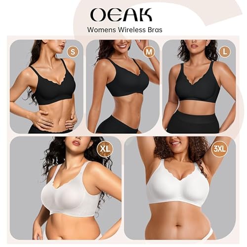 OEAK Seamless Bra Women's Without Underwire V-Neck Zero Feel Bralette Soft Push Up Padded Non-Wired Bustier Comfortable T-Shirt Bra Soft Sleep Bra, Black, M
