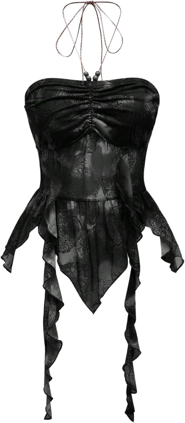 GORGLITTER Women's Halter Crop Y2k Tube Tops Asymmetrical Ruffle Hem Backless Cami(Runs Small, Please Size Up)