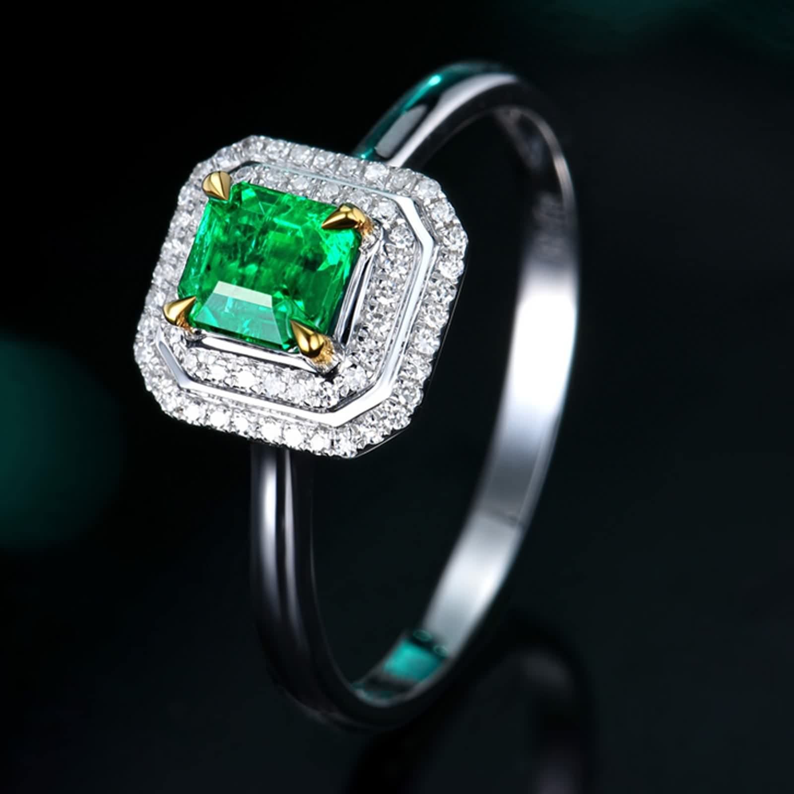 Anillos de Mujer Plata, Alianzas de Boda Cuadrado de 4 Garras con Incrustaciones de Esmeralda Creada En Laboratorio con Joyero