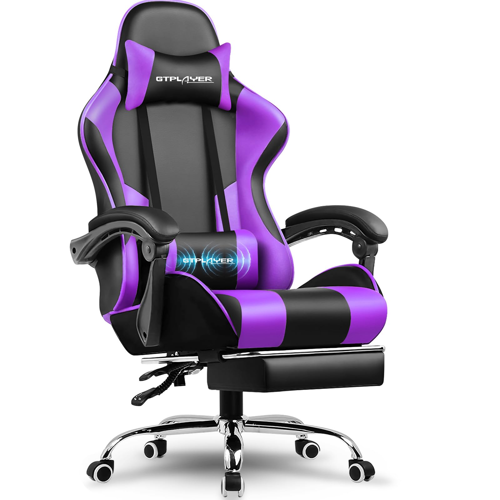 GTPLAYER Gaming Stuhl, Bürostuhl, Ergonomischer Pc Stuhl, Gaming Sessel mit Massagelendenwirbelstütze, Task Stühle mit Fußstütze und Kopfstütze, Grau Kunstleder