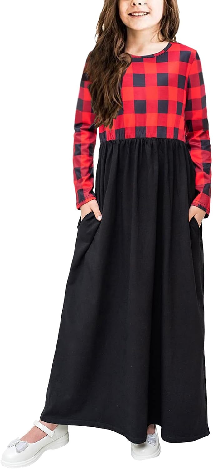 KYMIDY Girls Maxi Dress Kids Buffalo Check Plaid Long Sleeve Casual Dresses with Pockets for Girls 6-14 Years - Image 2