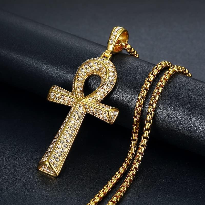 Mens Stainless Steel Gold & Silver Egyptian CZ Hip Hop Ankh Cross Pendant Necklace