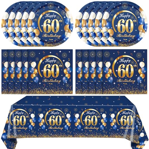 41PCS 60 Birthday Decorations for Men Navy Blue and Gold Sixty Year Old Birthday Supplies Plates Napkins Tablecloth Disposable Tableware Serve 20