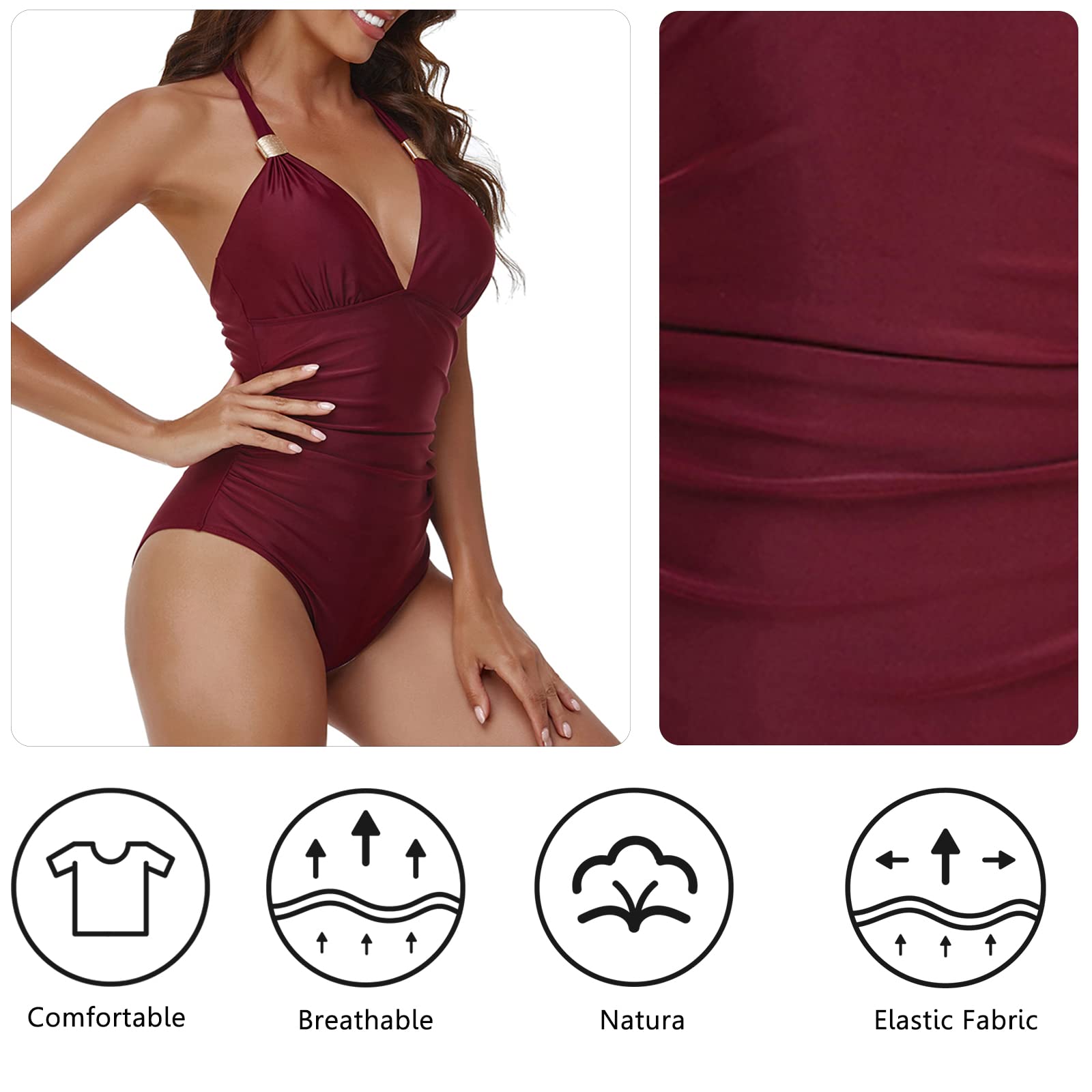 Maillots de Bain Une Pièce pour Femme, Col en V, 1 Pièce Elégant Amincissante Monokini Maillot,Coussinets Coupe Intérieure Inamovible Le Contrôle du Ventre Push Up Maillots de Bain Dos Nu