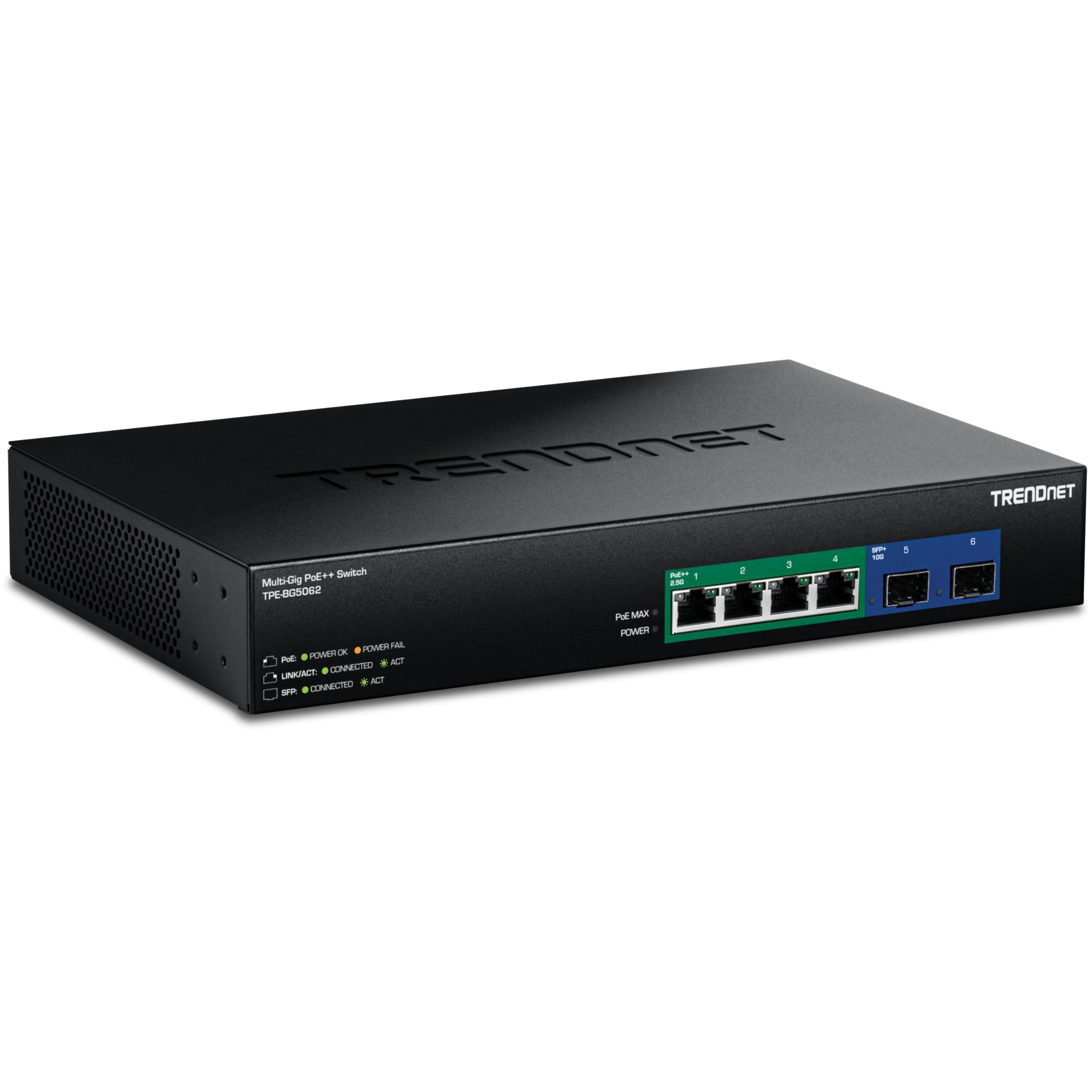 TRENDnet 6-Port 2.5G GaN Power PoE++ Switch with 10G SFP+ Ports (240W), TPE-BG5062, 4 x 2.5G PoE++ Ports, 2 x 10G SFP+ Ports, 240W, 60Gbps, NDAA TAA