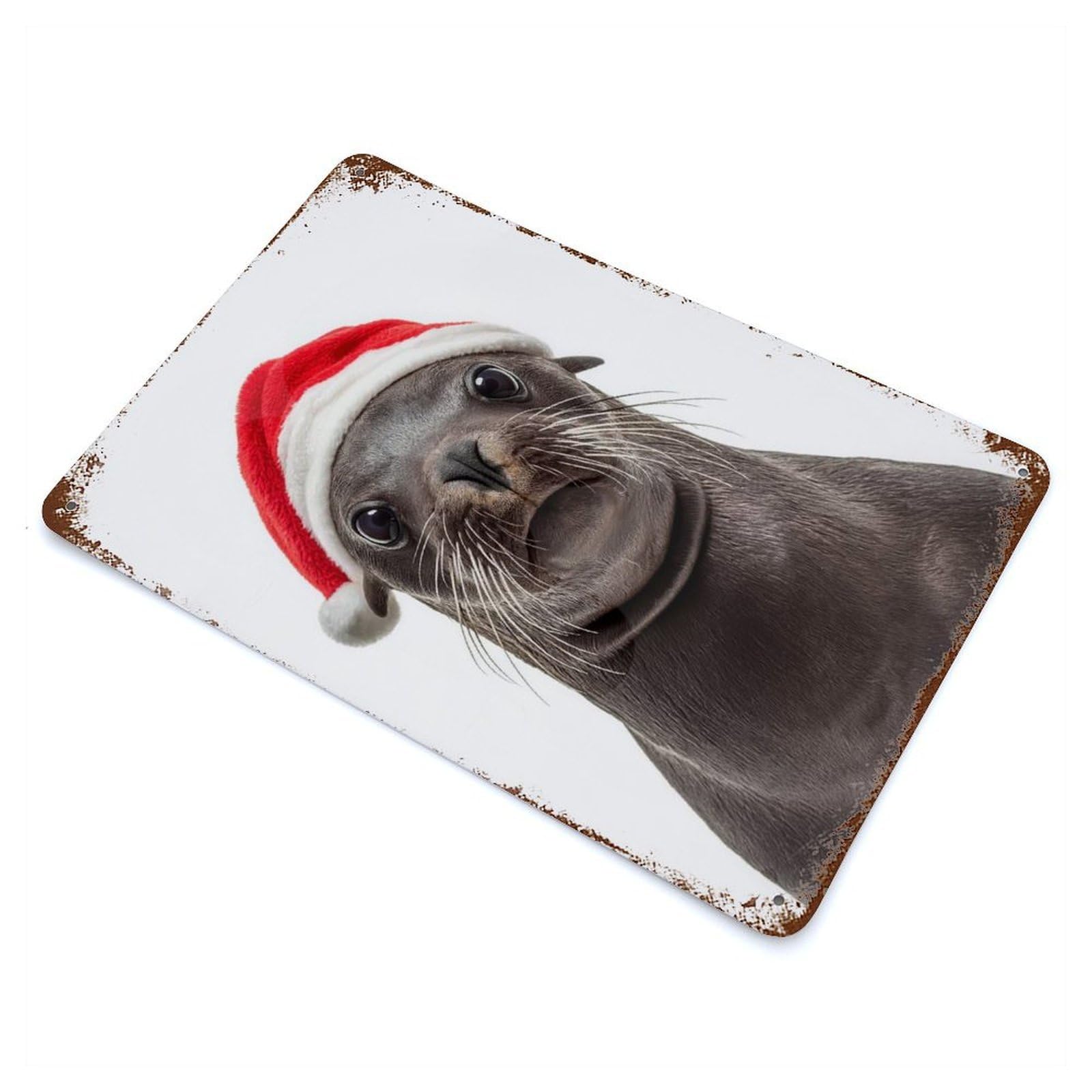 Seal with Santa Hat Vintage Rust Metal Sign 11.8"x7.9", for Pub, Kitchen And Man Cave Decor, Rustic Home Decor