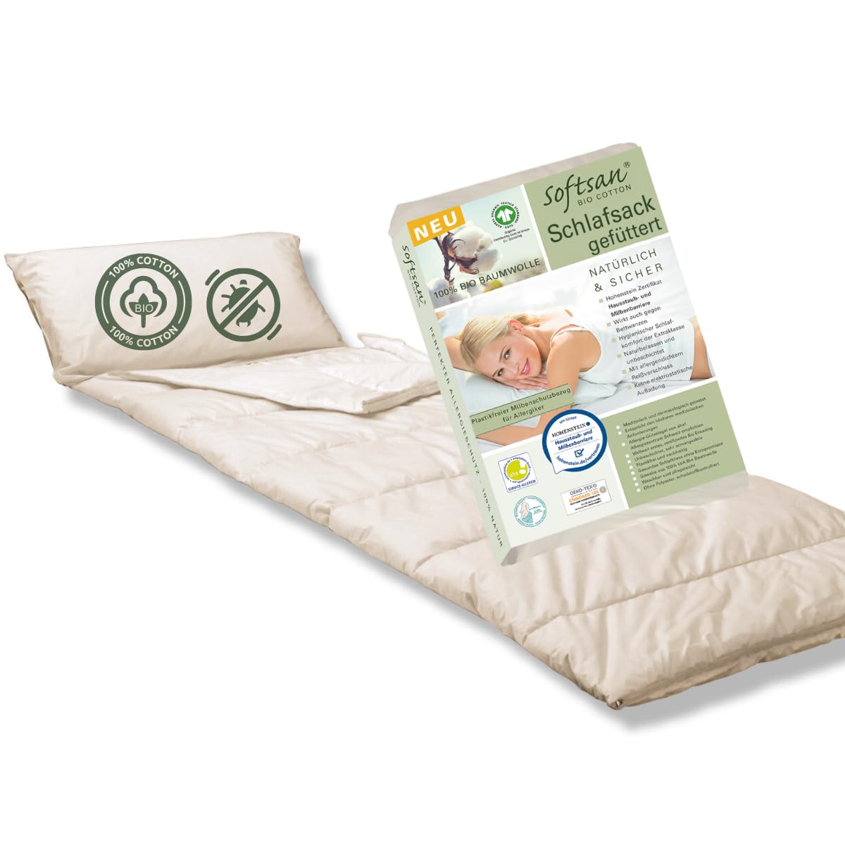 Softsan Allergiker Schlafsack Bio Baumwolle mit integriertem Milbenschutz  Encasing, gefttert 80 x 180 cm, fr unterwegs, Allergie-Schlafsack (80x180  cm mit Fllung) : Amazon.de: Baby