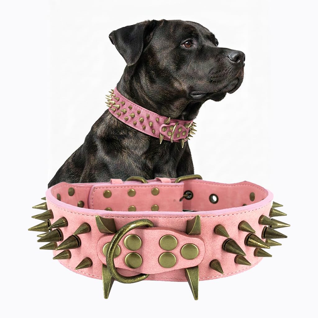 The Mighty Large Spiked Studded Dog Collar - Protect Your Dog's Neck from Bites, Durable & Stylish, for Large Dogs (Pink L)