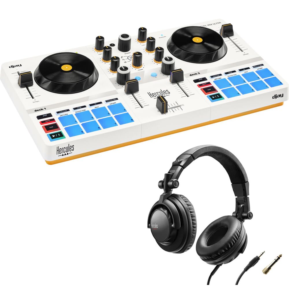 Hercules DJControl Mix Ultra - Controller DJ con custodia protettiva e cuffie Hercules HDP DJ45 con chiusura posteriore