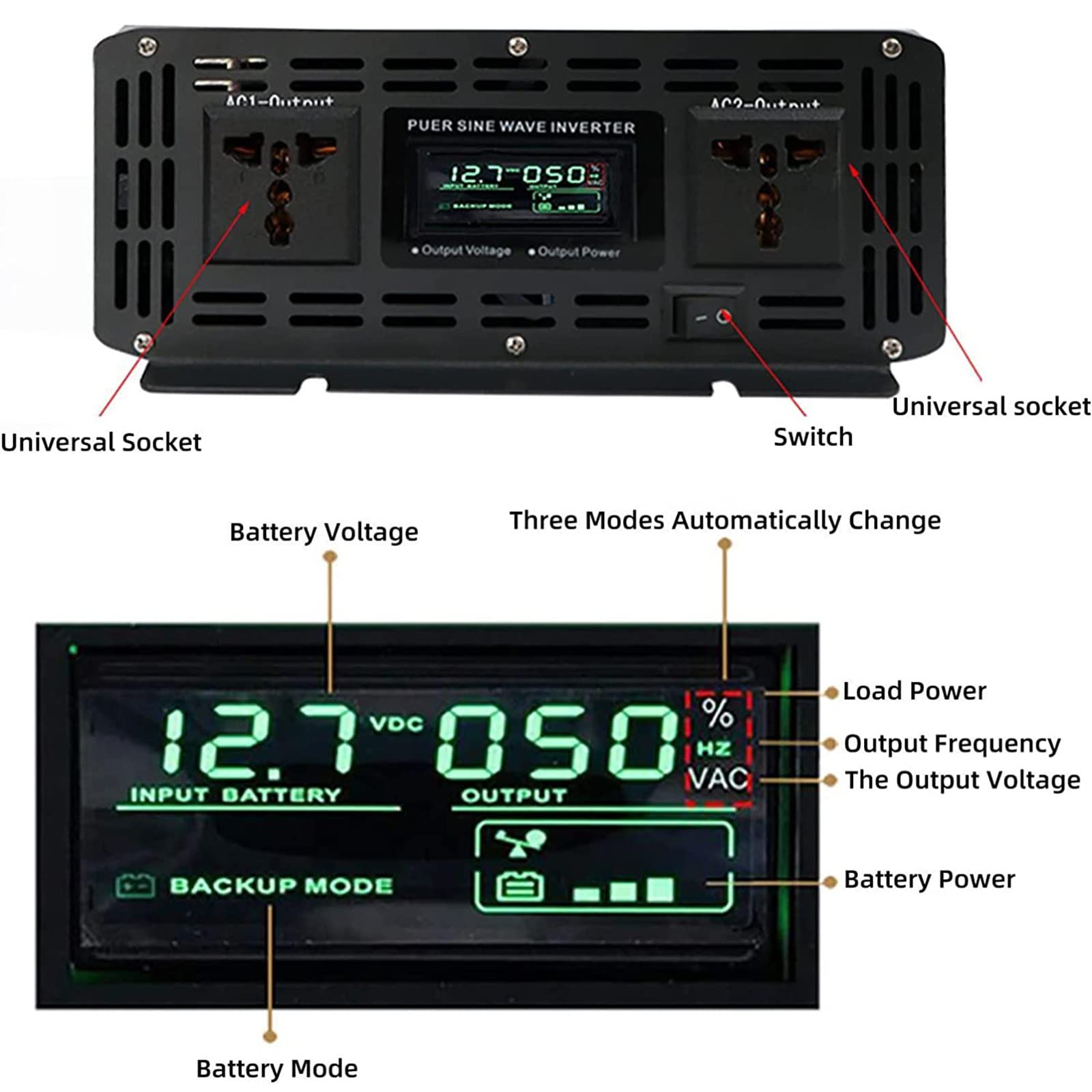 Inversor de Potencia sinusoidal Pura Pantalla LCD DC 12V 24V 48V a AC 100V 220V convertidor, Inversor de Potencia para automóvil Convertidor de Voltaje sinusoidal Puro, 3000W-12Vto110V