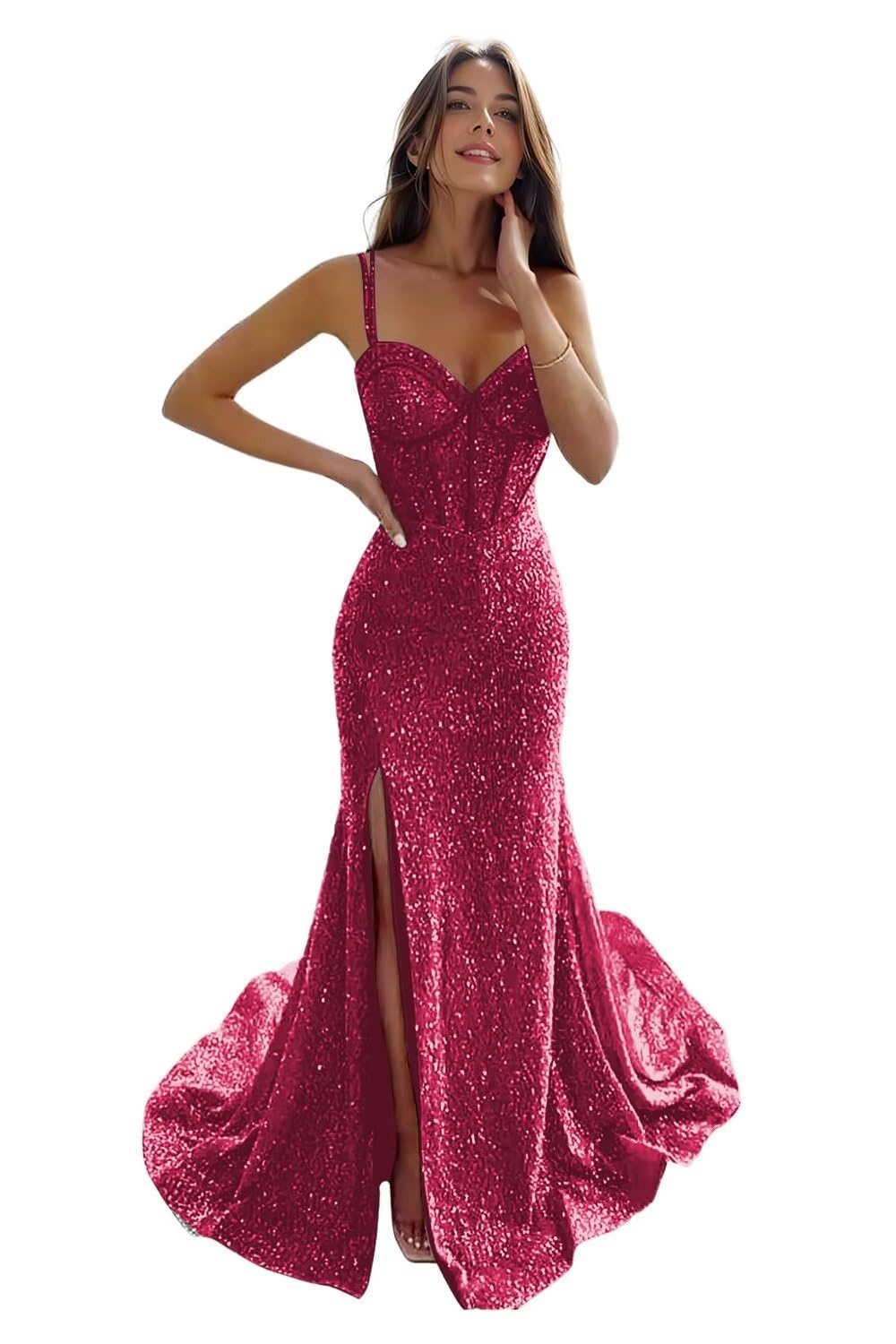 Sequin Mermaid Prom Dresses with Slit Spaghetti Straps Corset Ball Gowns Maxi Long Formal Evening Dresses AU111