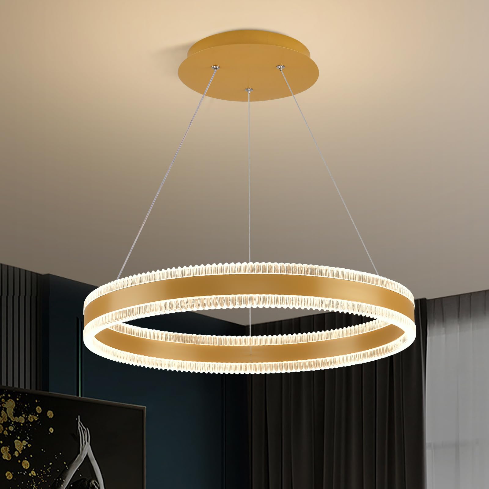 Modern LED Chandelier 1 Ring 19.7in Pendant Lighting for Kitchen Island 50W Dimmable LED Pendant Light Gold Hanging Light Fixtures with Remote for Kitchen Dining Room Bedroom Living Room