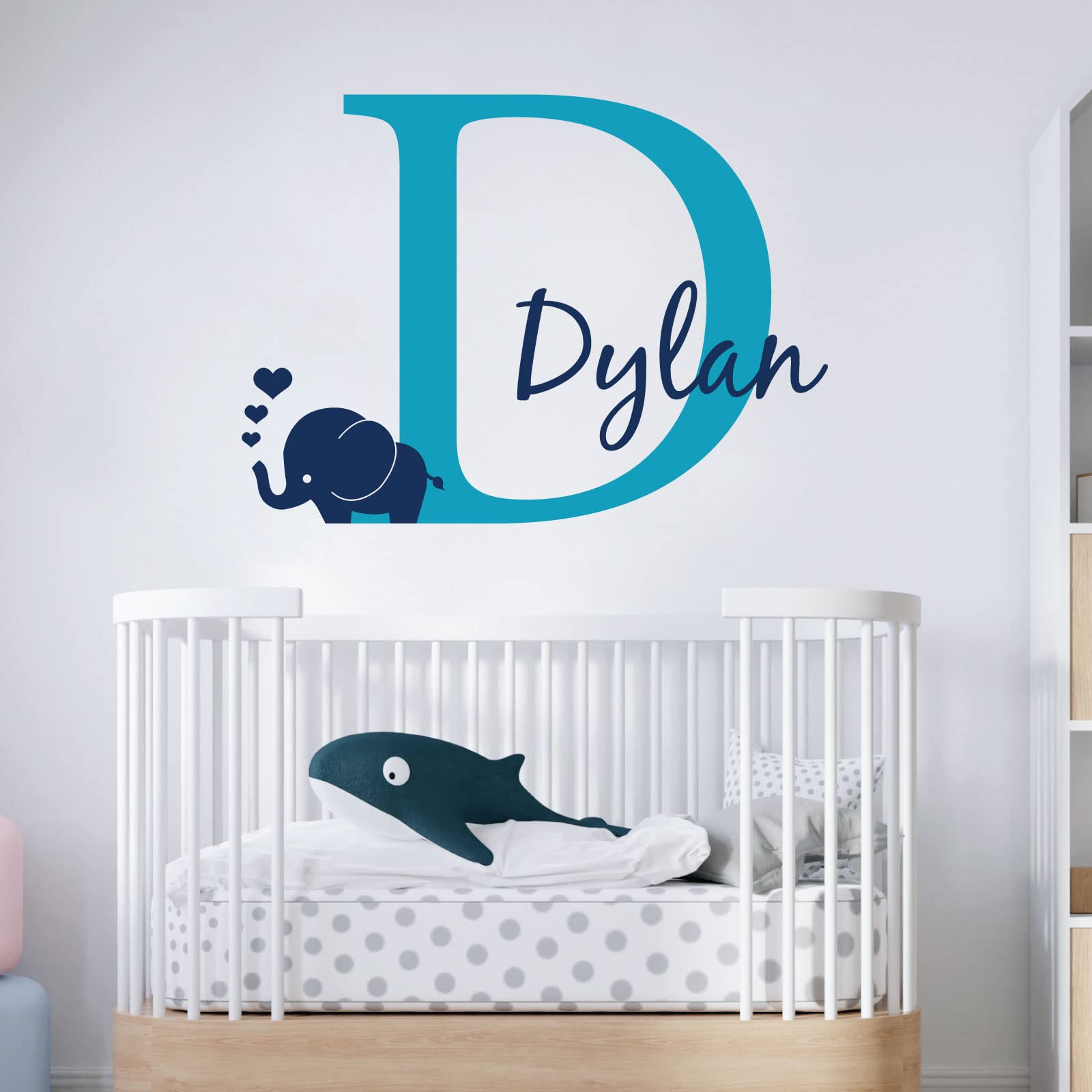 Personalised Baby Girl/Boy Name with Initial Letter and Baby Elephant, Hearts - 2 Colours [Large] [Sky]