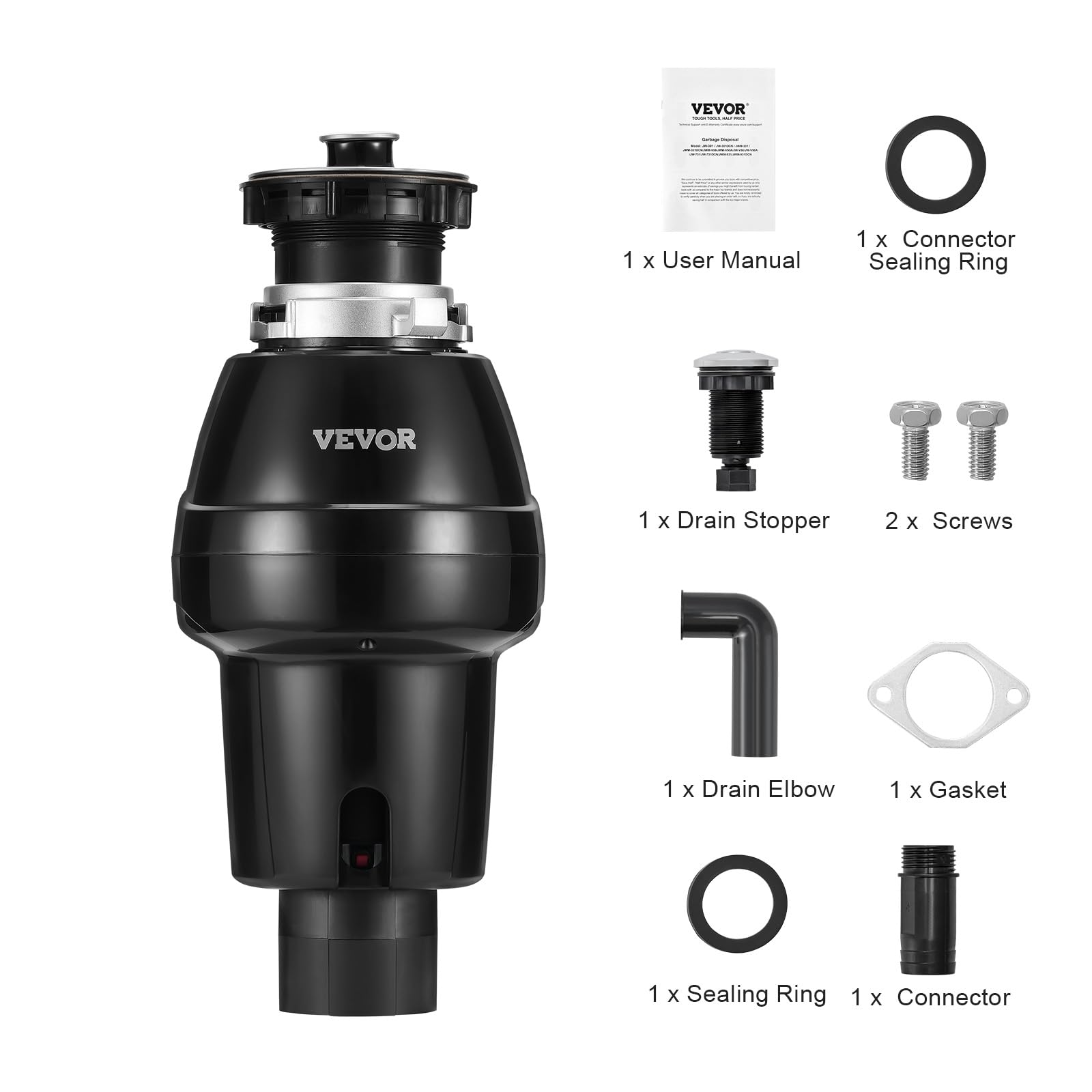 VEVOR Triturador de Basura para Fregadero de Cocina, 3/4 HP, Sistema de Eliminación de Residuos de Alimentos, 3930 RPM, con Cable de Alimentación, para el Hogar, Cocina, 185 x 185 x 395 mm, Negro