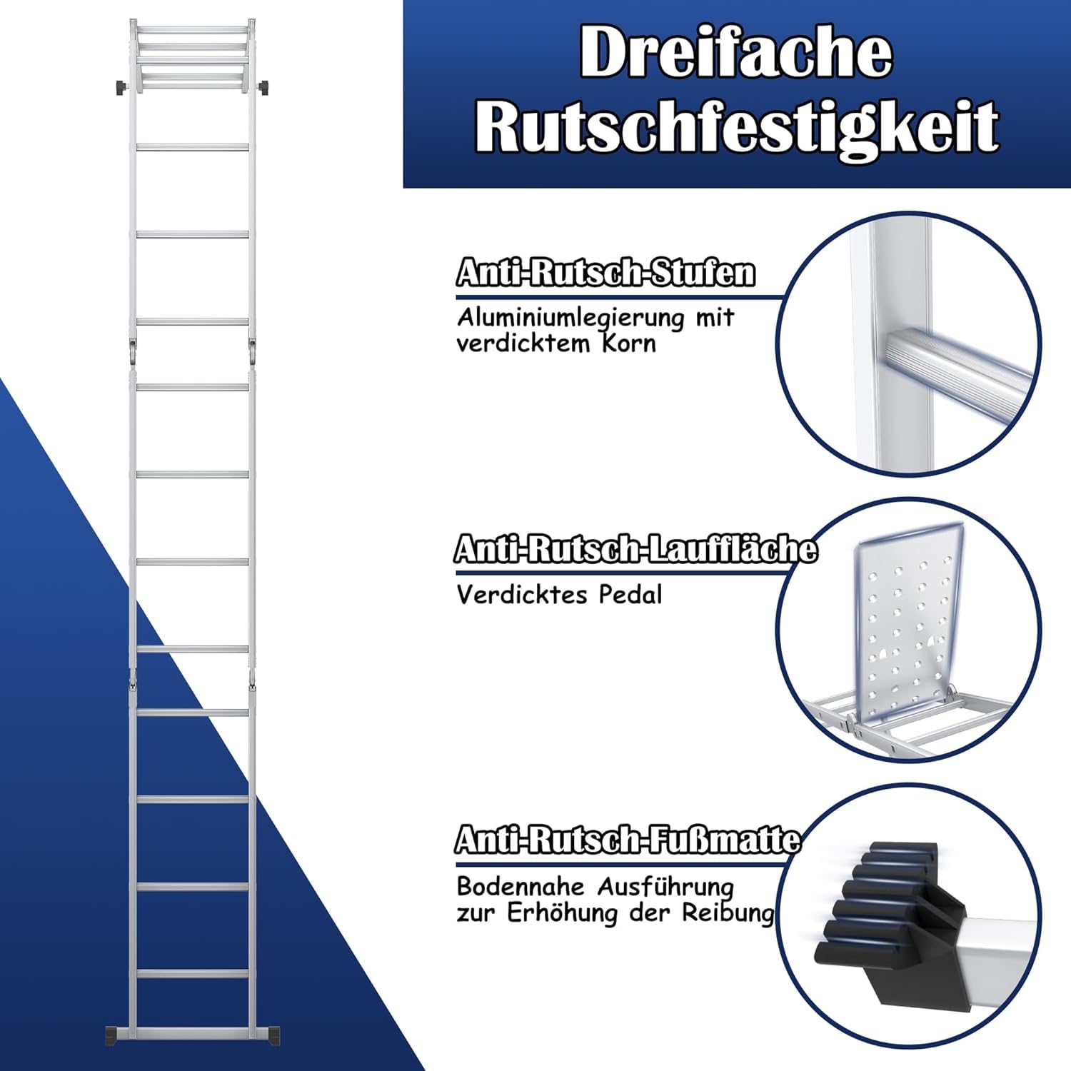 NAIZY Aluminiowa drabina wielofunkcyjna 550 cm, 6 w 1, składana drabina z 2 rolkami i platformą, 4 x 5 srebrna, składana drabina wielofunkcyjna, do 150 kg