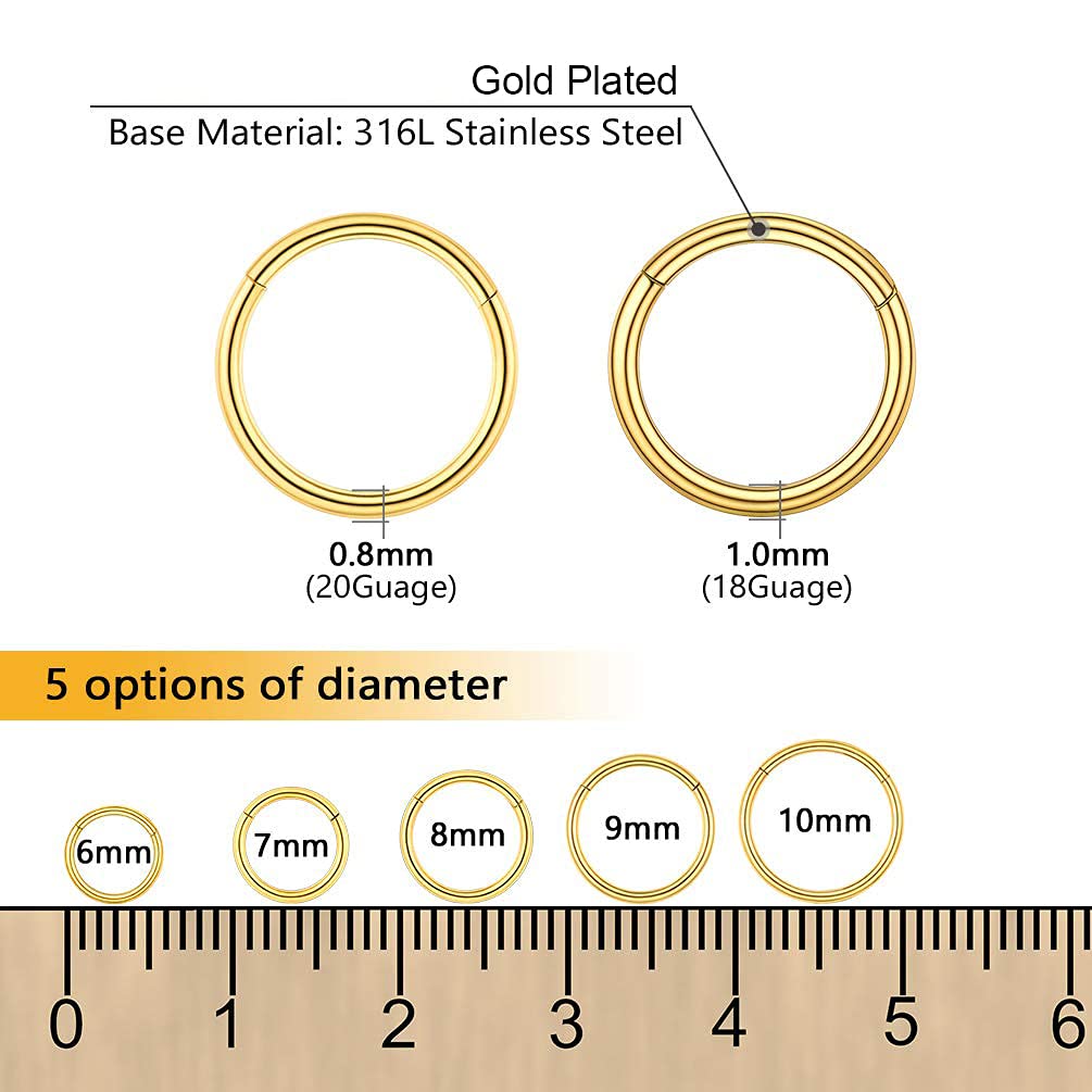 PROSTEEL Un Piercing Nariz Aro Septum Acero Quirurgico, Pendientes Nostril Labio Tragus con Calibre 20G / 18G Grosor, 6-10 mm Diámetro, Plateado/Dorado/Rosado/Negro — view 4