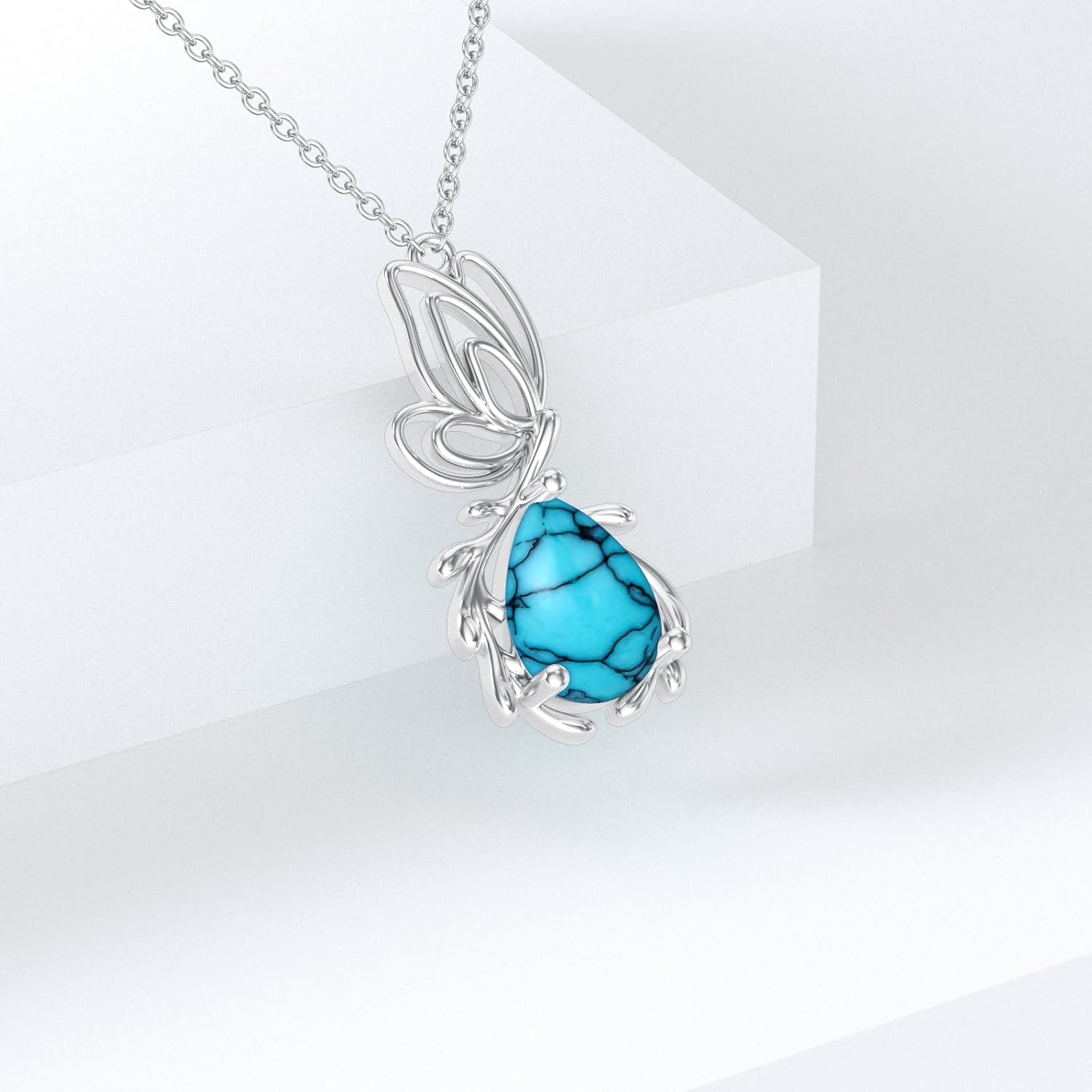 Sterling Silver Turquoise Necklace Butterfly Necklace Pear Turquoise Gemstone Pendant for Ladies Bride Chain Jewelry Birthday Valentine's Day and Christmas Gifts - Image 3