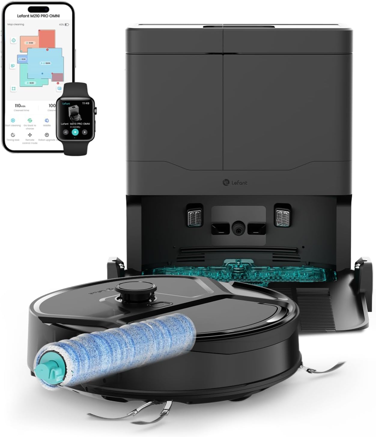 Lefant Robot Aspirateur Laveur, 20 000Pa d’Aspiration, 800ml Boîte à poussière, 28cm Mini Rouleau Robot Aspirateur avec Nettoyage Automatique instantané, 5G WiFi/APP/Alexa, M210 Pro Omni