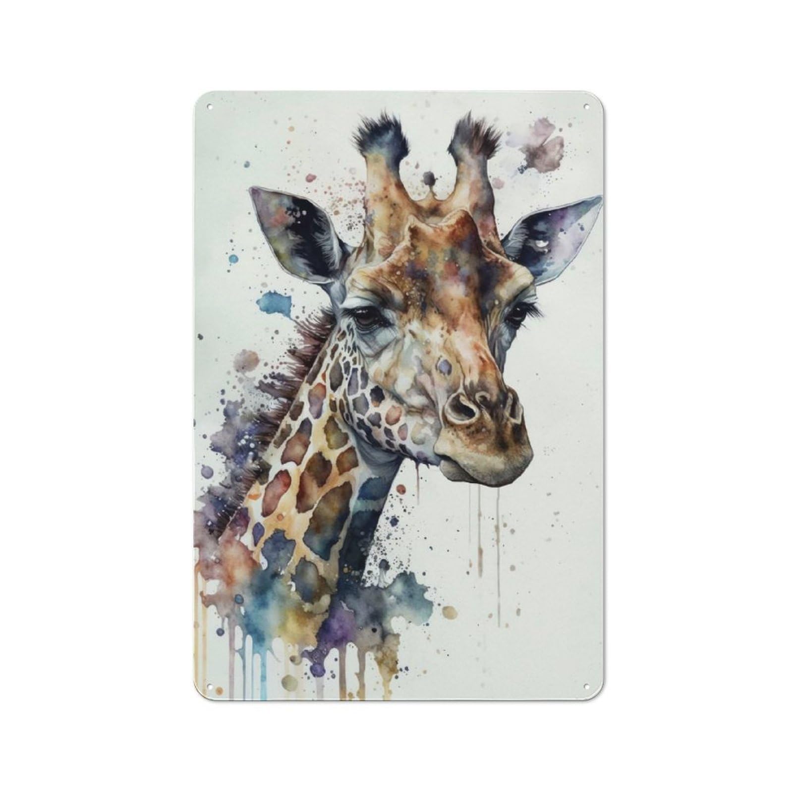 Giraffe Watercolor Retro Metal Plaque 30x20cm for Lounge Or Reading Corner, for Vintage Wall Decor Fans, for Themed Room Decoration