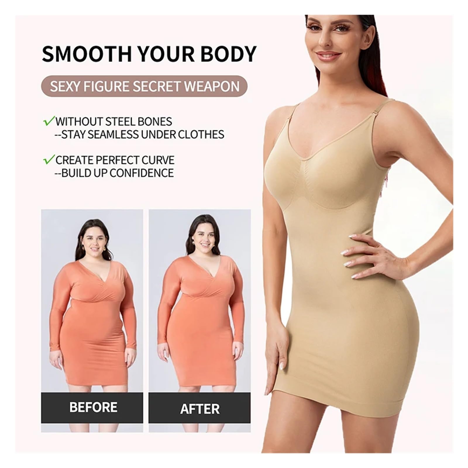 Fond De Robe Invisible Robe Moulante à col en V for Femme, sous-vêtement Moulant, à Compression Douce, Amincissant, Taille, Ventre Plat, Corset Sexy(Nude,L)
