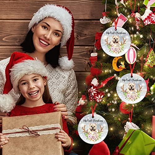 Miniatura 3 de Adornos redondos de cerámica para la primera Navidad en nuestro nuevo hogar, adorno de cerámica con círculo de perro matón americano, 3 pulgadas,