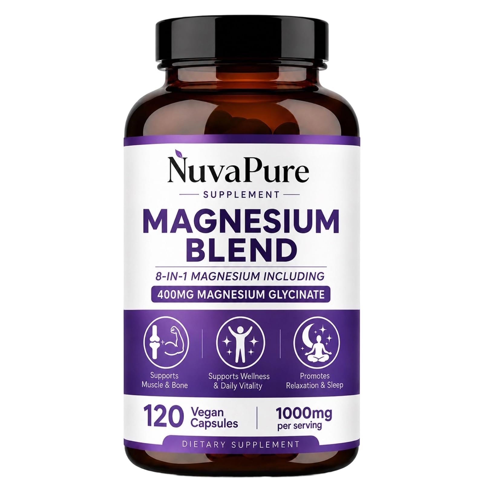 Magnesium Blend, 8-in-1 Magnesium Complex with Magnesium Glycinate, Supports Relaxation, Muscle Function, Energy & Daily Wellness, 120 Vegan Capsules (White, 1Pcs)