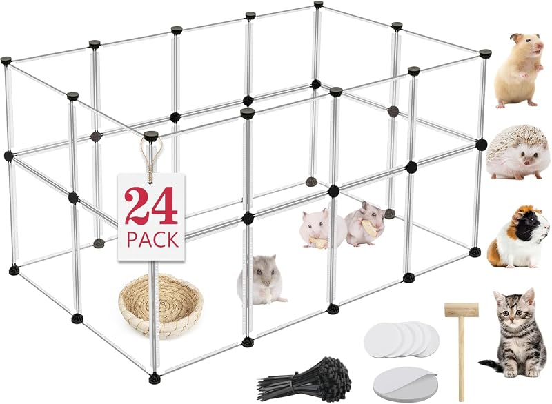 VISCOO 24 Panels Small Animals Playpen,48"x24"x28" Transparent Pet Playpen | Portable Puppy Play Pen for Indoors Outdoor Pet Fence for Guinea Pigs,Bunny,Ferrets,Hamsters,Hedgehogs/Plastic Enclosure