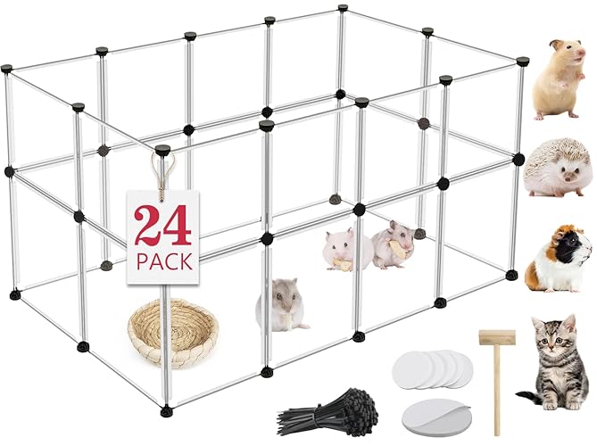 24 Panels Portable Small Animals Playpen,48"x 24"x 28" Transparent Pet Playpen,Portable Plastic Enclosure,Puppy Play Pen for Indoors Outdoor Pet Fence for Guinea Pigs,Bunny,Ferrets,Hamsters,Hedgehogs