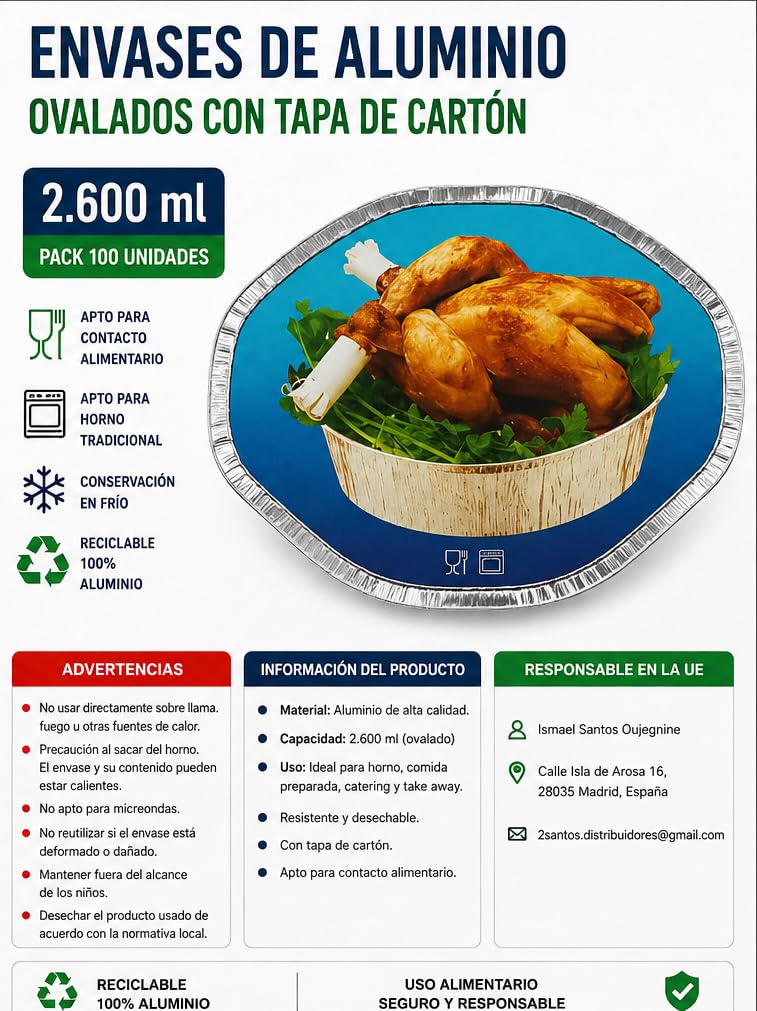 Pack de 100 Envases de Aluminio Ovalado con Tapa incluida XXXL 2.600 ml