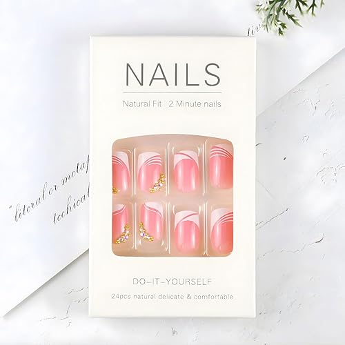Miniatura 9 de Uñas postizas cuadradas cortas a presión, 24 piezas de uñas postizas blancas francesas con diamantes de imitación, juego de herramientas adhesivas