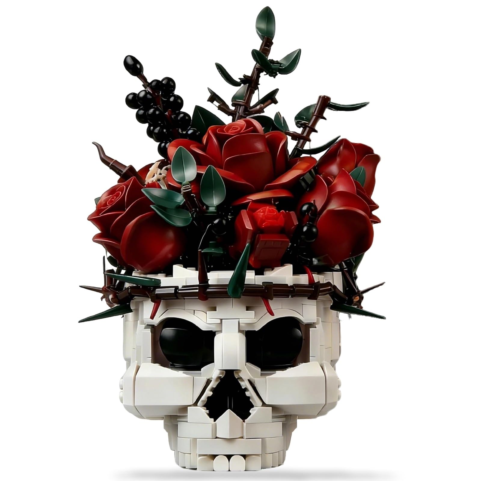 Goldlife Klemmbausteine Blumen – Rosen mit Totenkopf-Vase, Klemmbausteine Botanicals Blumenstrauß für Erwachsene, Gothic-Deko, Valentinstag, Geburtstag, Halloween, Weihnachten & Muttertag