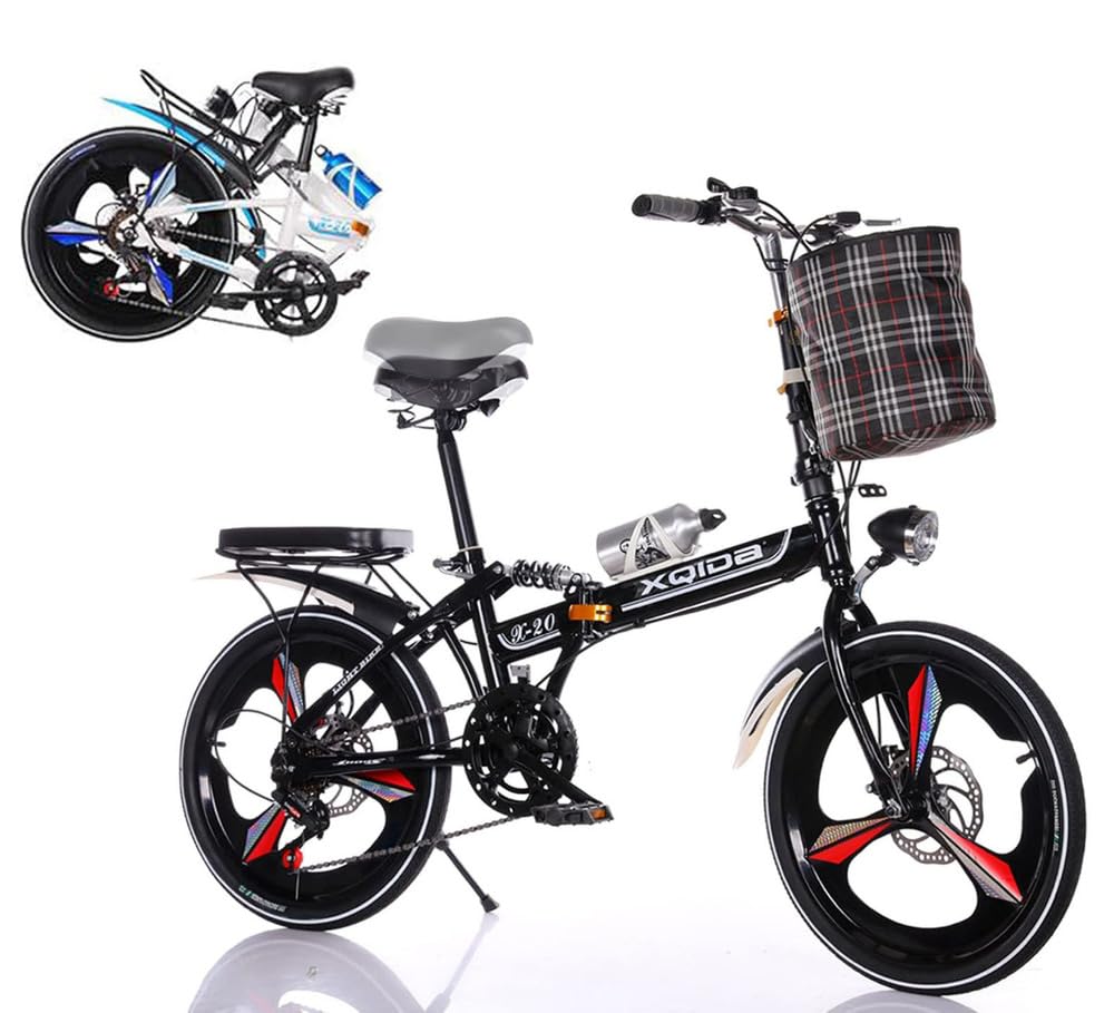 Vélo Pliant de 20 Pouces pour Adultes – 6 Vitesses, Compact pour banlieues, Ville, Camping – réglable pour Hommes et Femmes avec éclairage et Panier/Expédition Depuis Un entrepôt Allemand