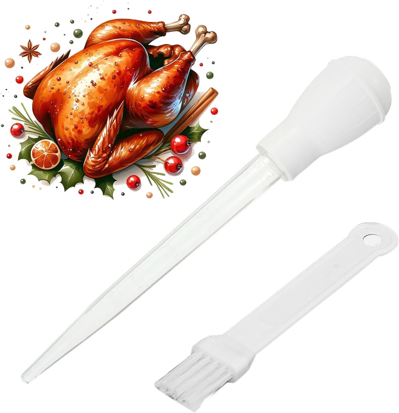 Sauce Syringe Pump Pipe, Chicken Turkey Poultry Meat BBQ Sauce Syringe Tube Pump Pipe Basters & Brush (White)