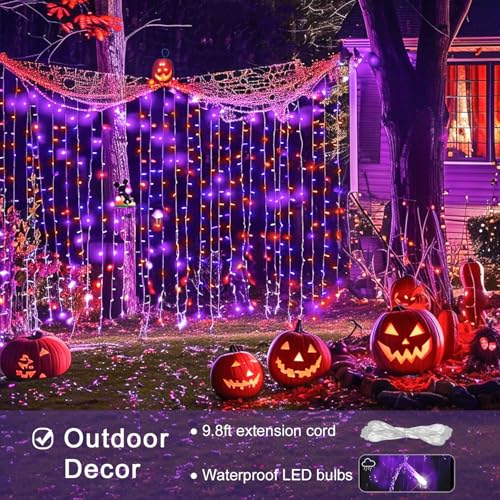 Image of JMEXSUSS 300LED Halloween Curtain Lights, Orange and Purple, 9.8x9.8ft