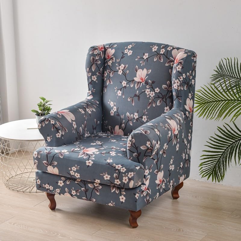 Highdi Wingback Chair Covers Stretch Wing Chair Slipcover 2 Piece, Spring Flowers Printing Sofa Cover Furniture Protector for Strandmon Armchair Chairs Living Room Hotel Bedroom (pink flower)