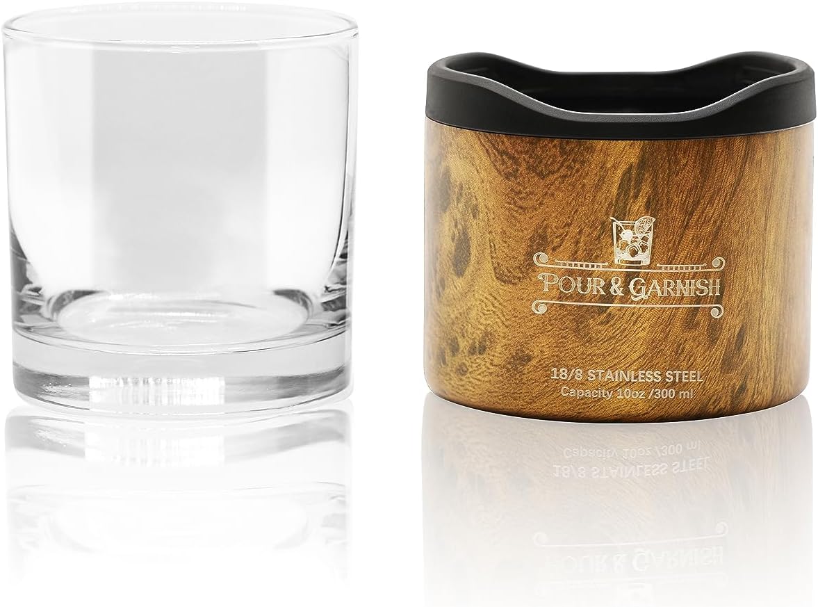 POUR & GARNISH Insulated Whiskey Glass – 10oz Double-Walled Stainless Steel Old Fashioned Tumbler with Weighted Glass Insert & Silicone Sleeve – Vacuum Insulated Bourbon & Cocktail Glass - Image 6