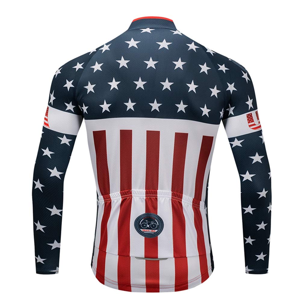Men's Cycling Jersey USA Bicycle Shirts Long Sleeve Bike Jersey Full Zipper Blue-White XL