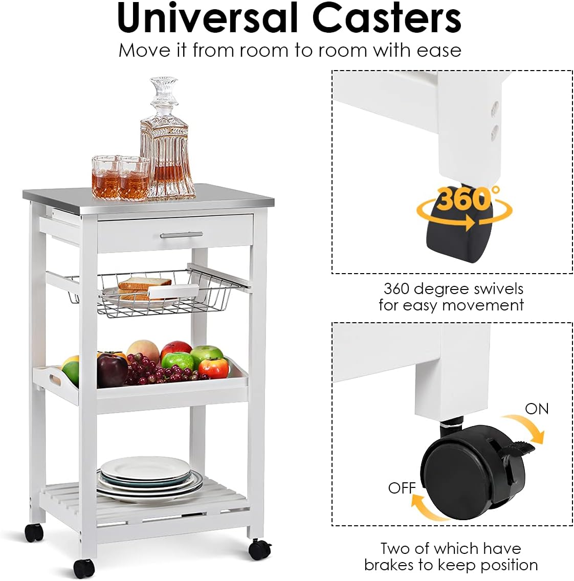 Kitchen Trolley Bamboo Island Home Restaurant Serving Cart Tabletop Drawer Wine Rack Storage Shelf Basket Lockable Wheels, Natural W/Stainless Steel Top
