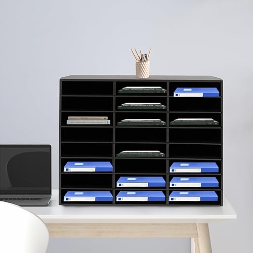 Miniatura 10 de SNKOURIN Clasificador vertical de escritorio, organizador de correo de madera de 11 compartimentos, almacenamiento de papel de construcción,