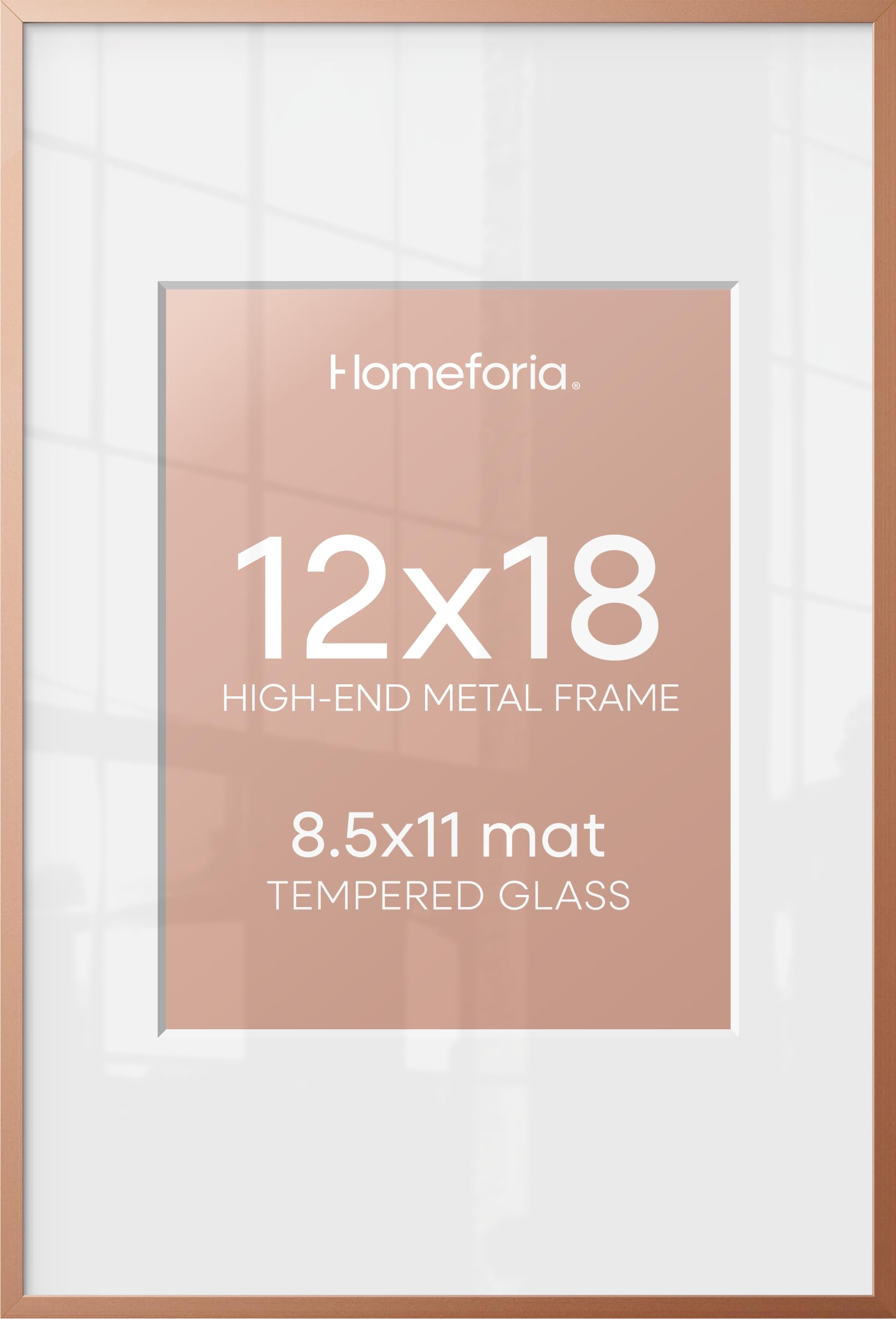 Homeforia 12x18 Rose Picture Frame, High-End Metal, 8.5x11 Mat, Glass | High End Aluminum, Tempered Glass, Acid-Free 8.5x11 Removable Mat, 12x18 in Edge-to-Edge Display 18x12, Wall Kit, Set Of 1