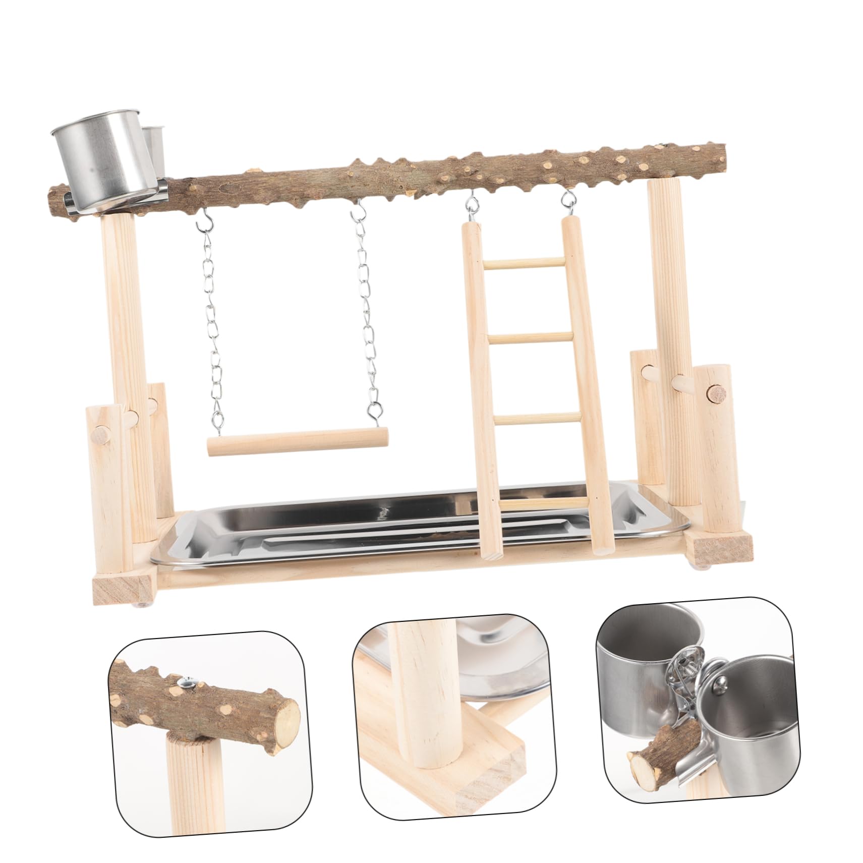 Happyyami 1set Posatoi Legno Per Pappagalli Piattaforma Interattiva Con Mangiatoia e Scala Accessori Per Uccelli Legno Naturale Spazio Per Giocare e Nutrire