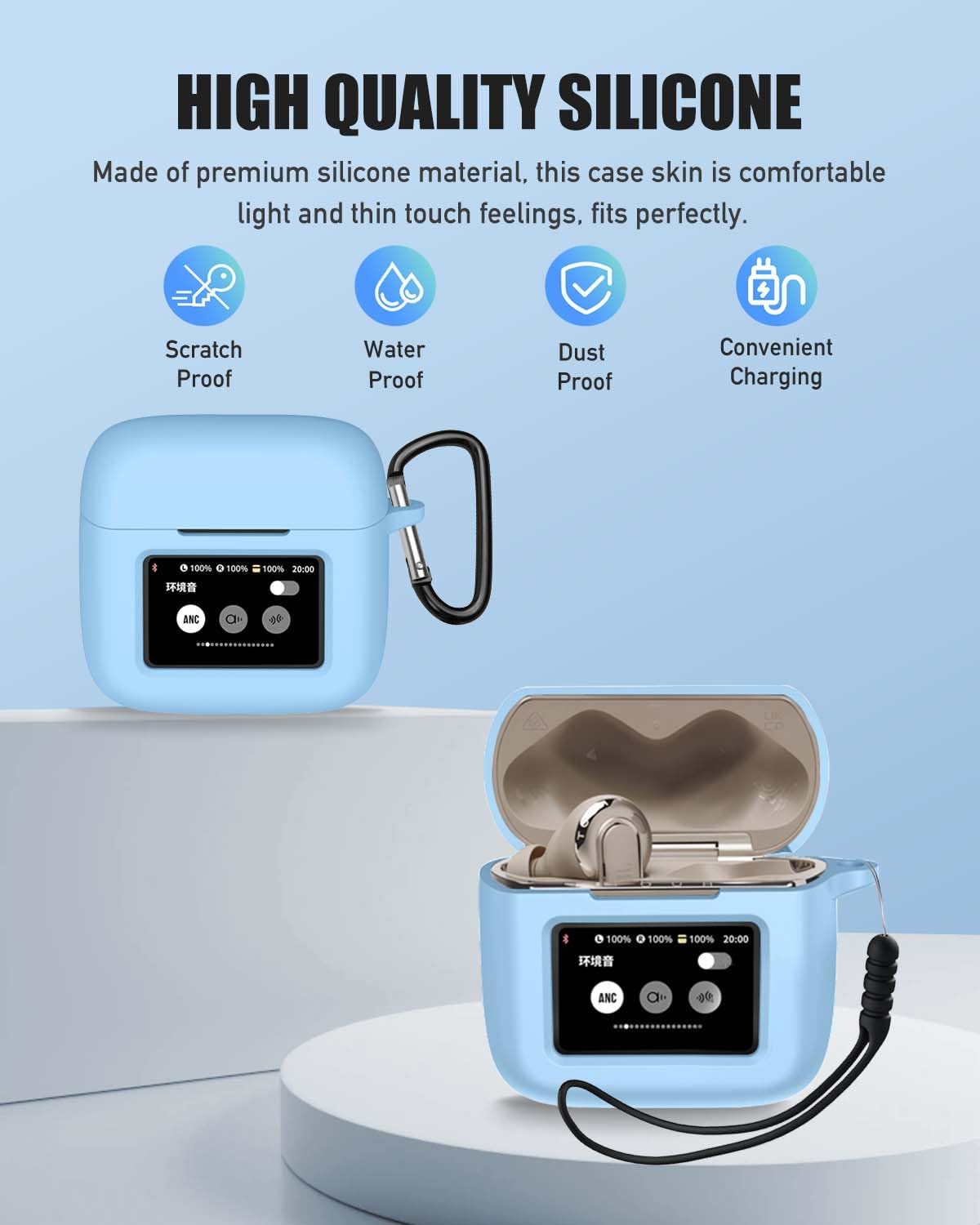 for JBL Tour Pro 3 Case Cover, Protective Silicone Skin Accessories with Keychain& Lanyard and Cleaner Kit for JBL Tour Pro 3 Charging Case, Front LED Visible, Sky Blue image 2