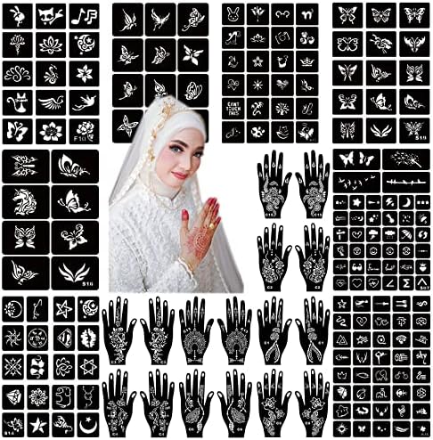 Henna Tattoo Stencil Kit 190pcs, 24 Sheets Henna Stencils Reusable Temporary Indian Arabian Glitter Airbrush Tattoo Stencils for Face Body Paint DIY