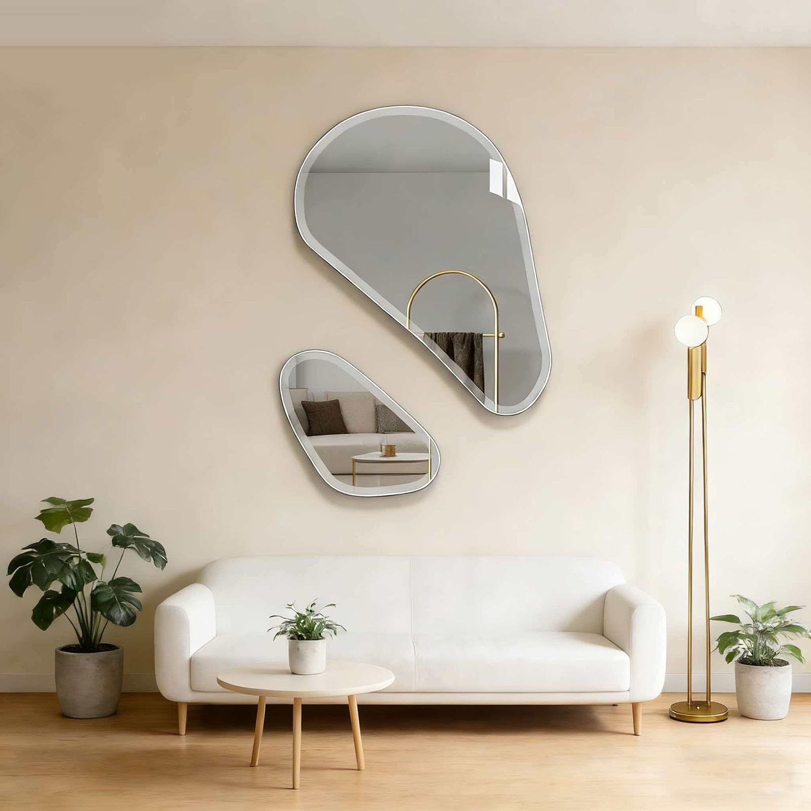 Nieoprawiony zestaw nieoprawionych luster ściennych o nieregularnym kształcie i dekoracyjnym, do łazienki, salonu, wejścia. Design HD i antywybuchowy.