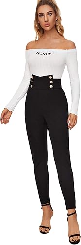 Miniatura 5 de SweatyRocks Women's Casual Skinny Leggings Stretchy High Waisted Work Pants Button Black