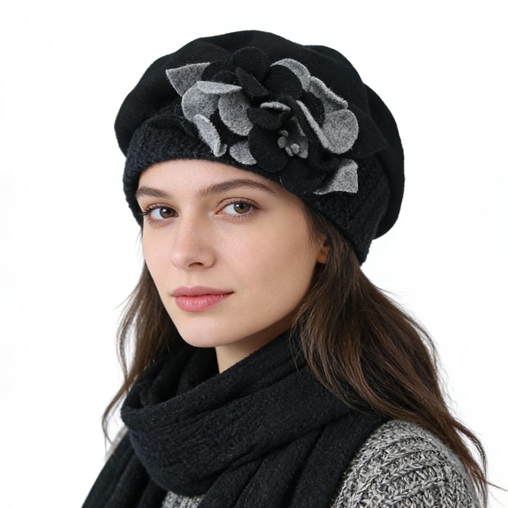 Ruphedy Women's Hy023-Black-A Beret Beanie Chic Wool French Beret Dress Winter Hats Hy022 (Hy023-Black)
