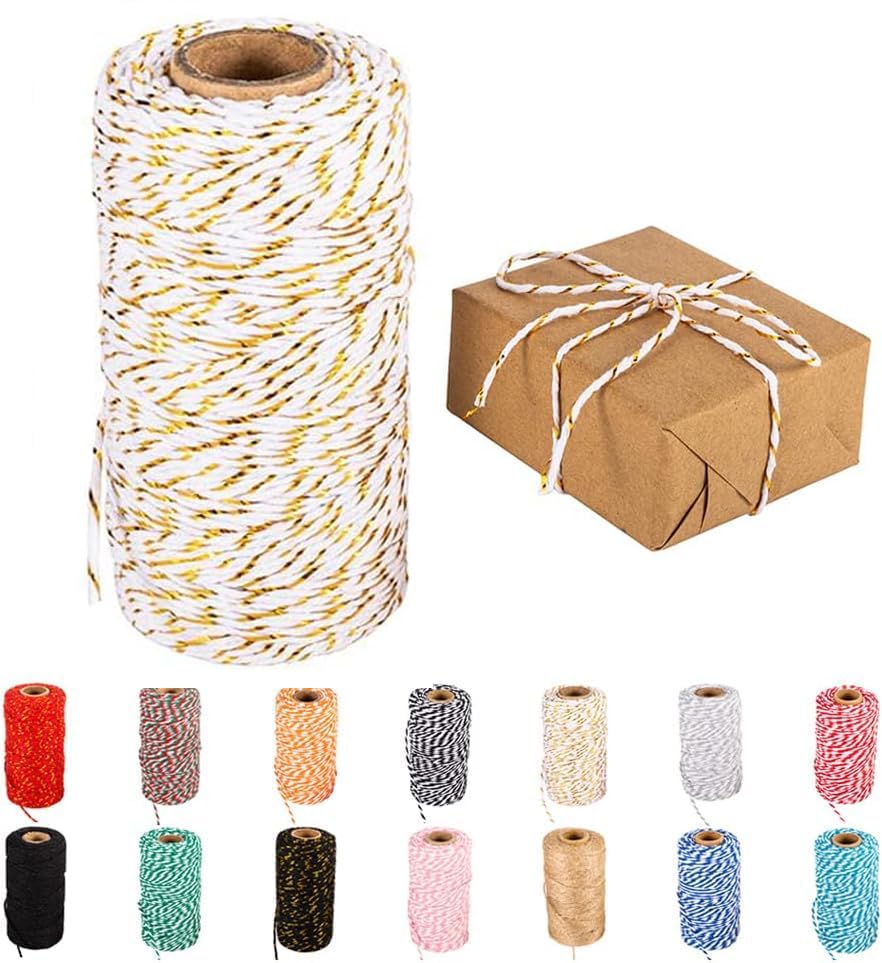 FLIPPED Twine String,328 Feet Christmas Twines White Rope with Gold Wire Bakers String Rope Craft Making Knitting Butchers Twine DIY Wedding Decor Supply String Rope(White Gold)