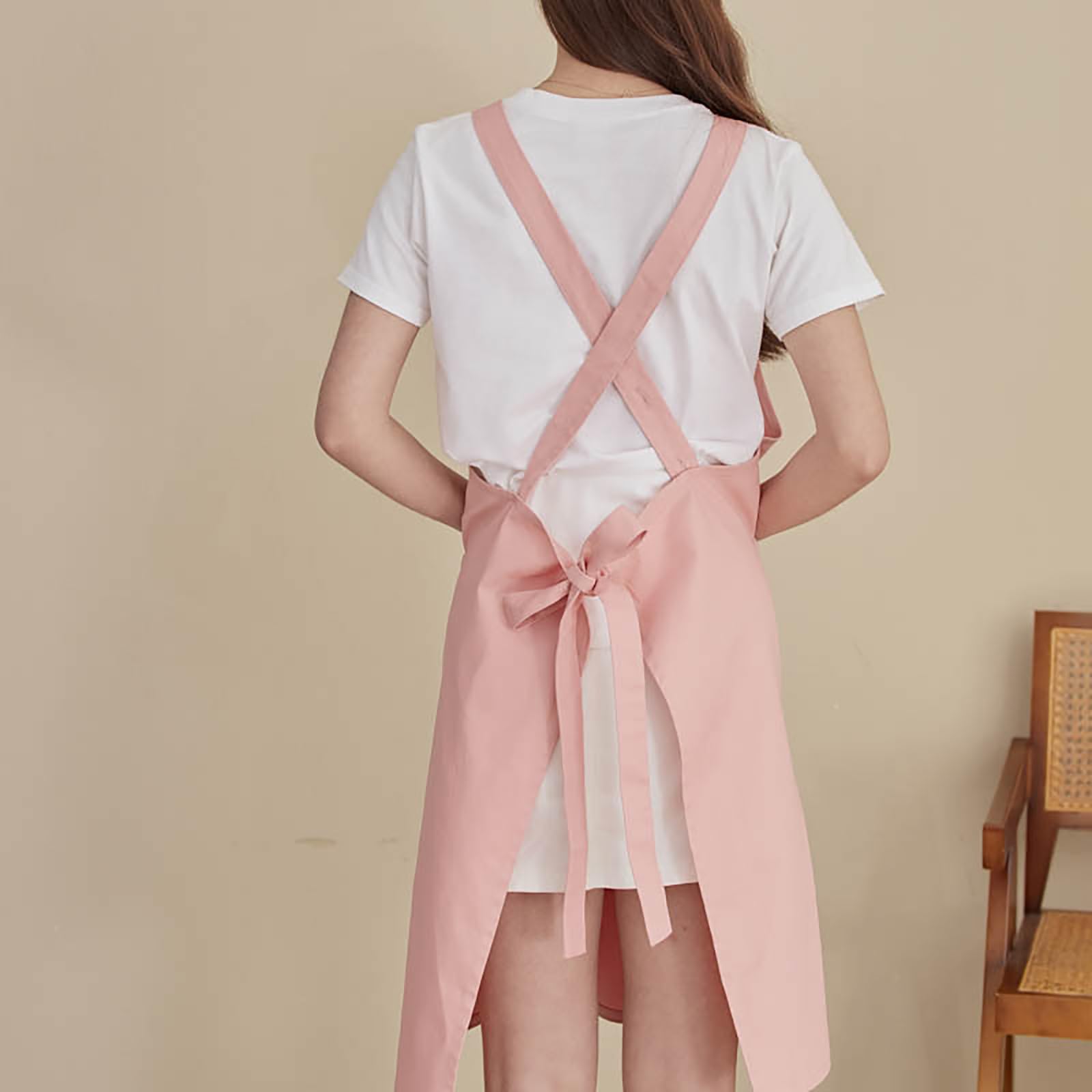 Tablier De Cuisine pour Femme, Tablier De Travail Réglable À Dos Croisé, Joli Tablier Imperméable À Nœud avec Poches,One Size,Pink