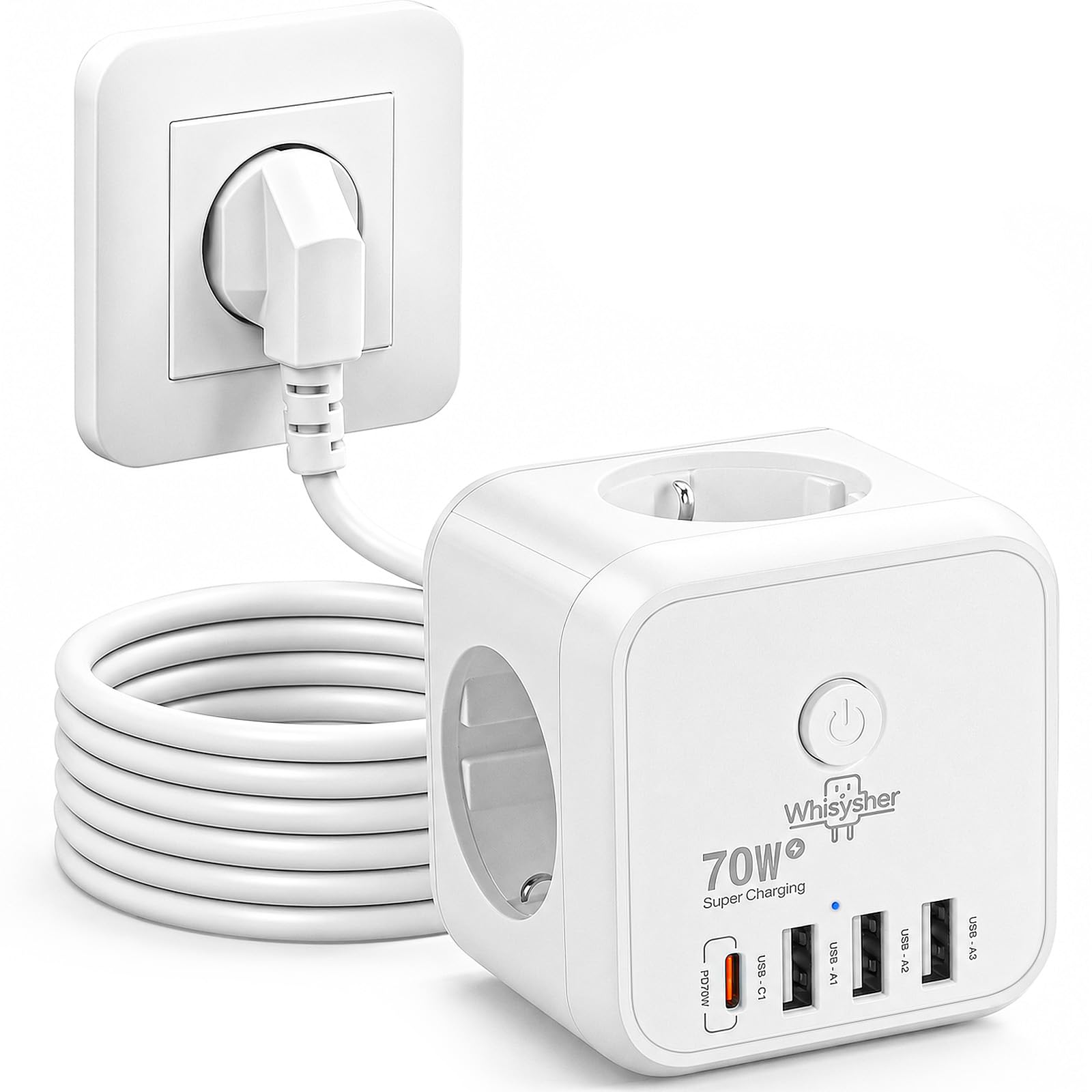 GaN PD70W Bloc multiprise USB C 7 en 1 avec interrupteur